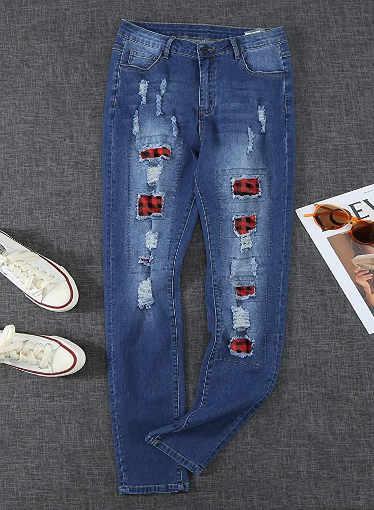 Women's Distressed Denim Buffalo Plaid Jeans