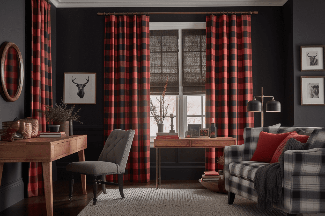 A room with mixed patterns, featuring buffalo plaid curtains and other patterned decors