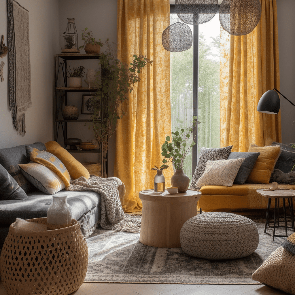 a room showcasing different patterns on curtains, throw pillows, and other decorative elements that harmoniously work together