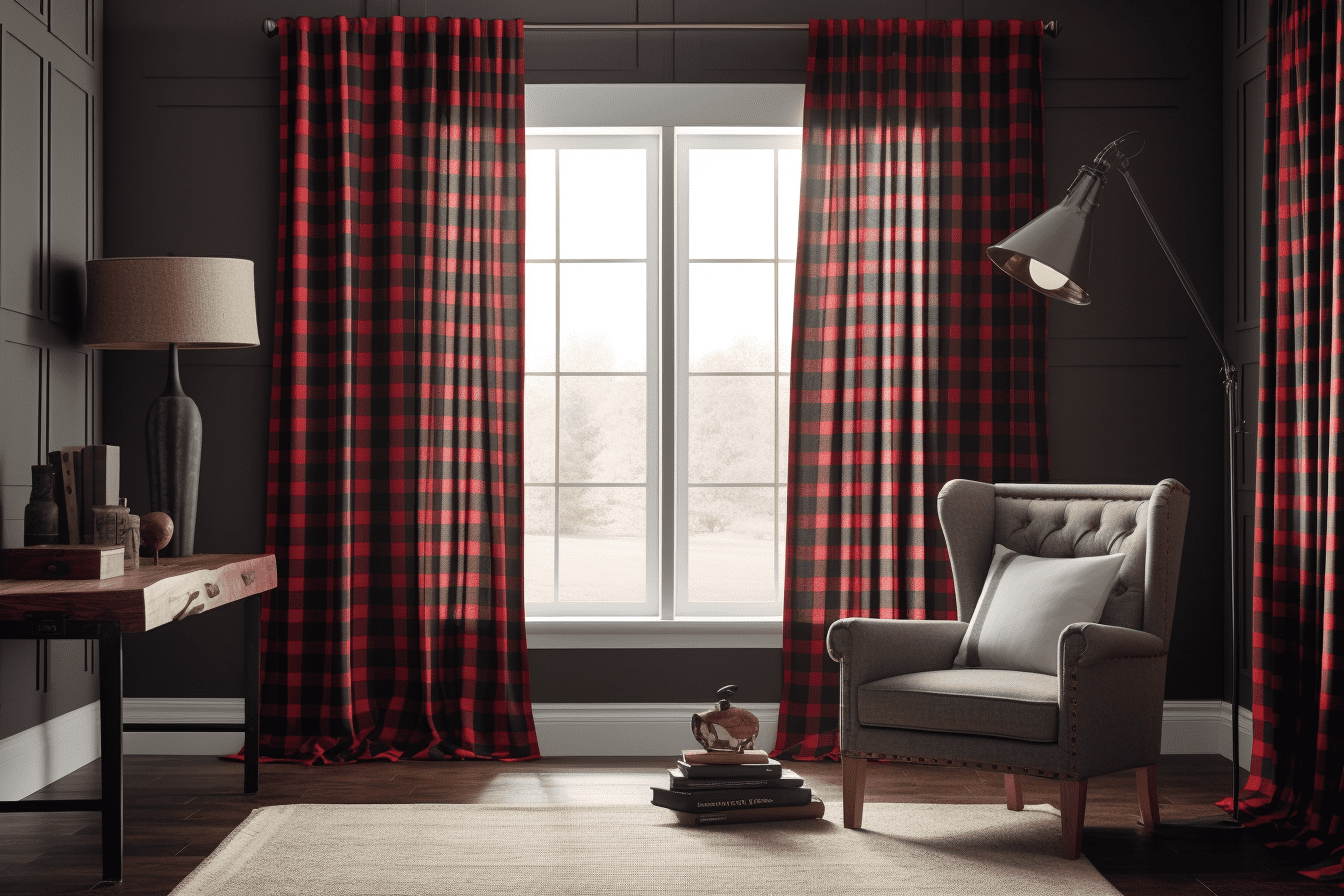 A well-lit, spacious room with large windows covered by Stylish Buffalo Plaid Drapes, highlighting the impact of curtains on room decor.